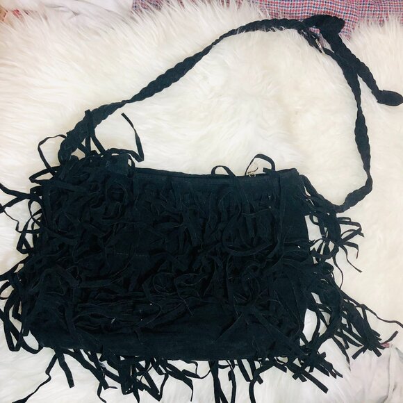 Black Fringe Shoulder Bag Boho Y2K Vintage Style Braided Strap Festival Purse - Picture 1 of 6